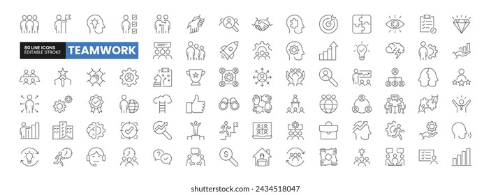 Set of 80 Teamwork line icons set. Teamwork outline icons with editable stroke collection. Includes Team, Cooperation, Vision, Motivation, Success, and More.