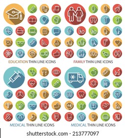 Set of 80 Universal Flat Minimalistic Thin Line Icons on Circular Colored Buttons (Education, Family and Medical Icons) on White Bacground.
