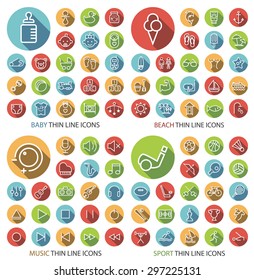 Set of 80 Universal Flat Minimalistic Thin Line Icons on Circular Colored Buttons ( Baby , Beach , Music and Sport Icons) on White Background.