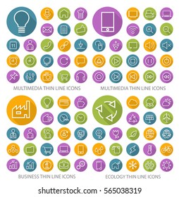 Set of 80 Universal Flat Minimalistic Thin Line Icons on Circular Colored Buttons ( Multimedia , Interface , Business and Ecology Icons) on White Bacground .