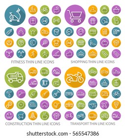 Set of 80 Universal Flat Minimalistic Thin Line Icons on Circular Colored Buttons (Fitness , Shopping , Construction and Transport Icons) on White Background.