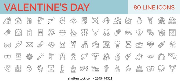 Set of 80 Valentine's Day icons.  Collection of minimal thin line web icons. Love, passion, celebration, valentine's elements. Simple vector illustration.