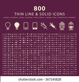 Set Of 800 Minimal Thin Line And Solid Icons ( Multimedia, Business , Ecology , Education , Fitness , Medical , Family , Shopping , Transport And Constrction ) . Vector Isolated Elements.