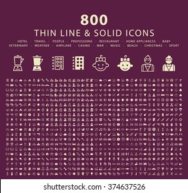 Set Of 800 Thin Line And Solid Icons (Hotel, Travel, People, Professions, Restaurant, Home Appliances, Baby, Veterinary, Weather, Airplane, Casino, War, Music, Beach, Christmas And Sport)