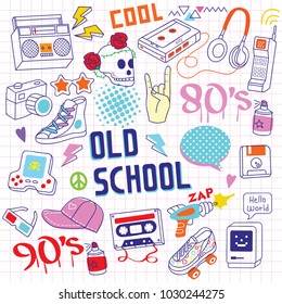 Set of 80s - 90s doodle hand drawing objects on paper.