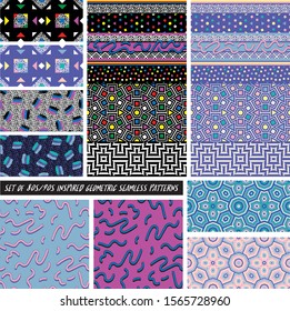SET OF 80S 90S GEOMETRIC SEAMLESS PATTERNS TO MIX AND MATCH FOR FABRIC PRINTING OR BACKGROUNDS. MEMPHIS DESIGN INSPIRED