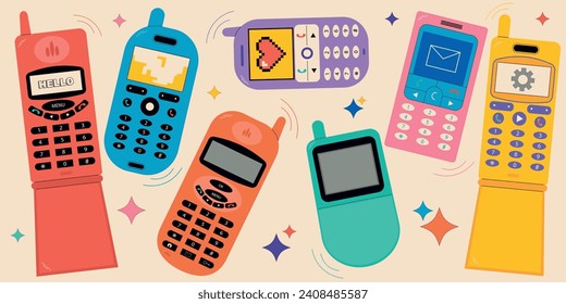 Conjunto de teléfonos móviles de los años 90 de estilo moderno, plano, lineal. Ilustración vectorial plana dibujada a mano.