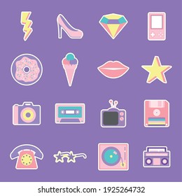 set of 80s and 90s patches on a purple background vector illustration design