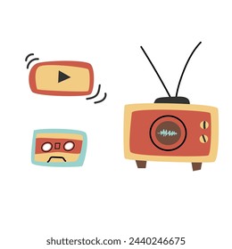 Set of 80-s audio musical equipment radio and audio cassette, play button. Vector illustration isolated. 