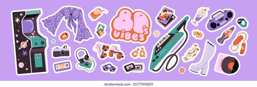 Set of 80s items. Different retro accessories of 1980s: cassettes, fashion magazines, roller skates, game machine, vinyl, boombox. Eighties nostalgia, style of 1980. Flat isolated vector illustrations