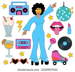 Set von 80er Retro-Elementen. Afro Frau in Overalls und Sonnenbrillen tanzen. Vintage-Audio-Player, Musik, Milchshake, Orangen-Cocktail, Rollschuh, Sonnenbrille, Lippenstift und Lippen, Stiefel. Vektorgrafik flach