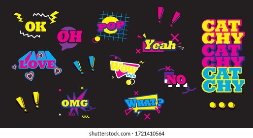 set of 80s retro emotion words for Text Stickers in vivid color