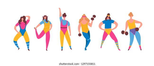 Set of 80s years woman girl in aerobics outfit doing workout shaping with dumbbells in hand isolated on white background. Trendy 80-s years retro sport clothing. Vector illustration in cartoon style