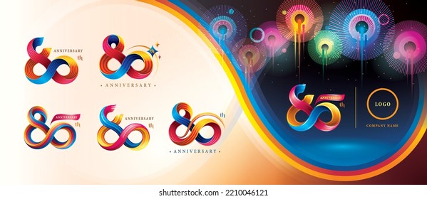 Juego de diseño de logotipo en color de 80 años, Logotipo de celebración de Ochenta años. Resumen Giro infinito línea múltiple Colorful for event, invitación, 80,80th, ochenta años número de logo Twisted Infinity