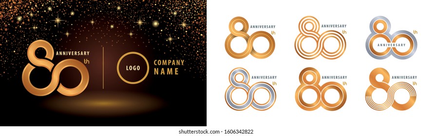 Set of 80th Anniversary logotype design, Eighty years Celebrating Anniversary Logo silver and golden for celebration event, invitation, greeting, Infinity logo vector illustration, web template, flyer