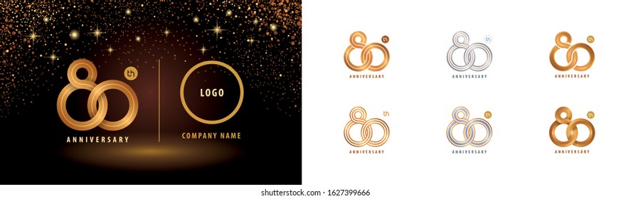 Set of 80th Anniversary logotype design, Fifty years Celebrating Anniversary Logo silver and golden for celebration event, invitation, greeting, Infinity loop logo, Abstract circle weave, web template