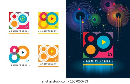 Set of 80th Anniversary logotype design, Eighty years Celebrating Anniversary Sign, Colorful Logo for celebration event, invitation, greeting, web template, Flyer and booklet, Play symbol, Colors logo