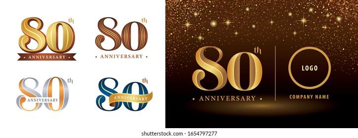 Set of 80th Anniversary logotype design, Eighty years Celebrating Anniversary Logo silver and golden, Vintage and Retro Serif Number Letters, Elegant Classic Logo for Congratulation celebration event.