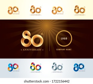 Set of 80th Anniversary logotype design, Eighty years celebration Anniversary Logo silver and golden, Origami stylized Number Letters, Twist Ribbons Logo for event, invitation, greeting, Party,Fashion