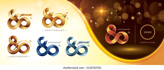 Set of 80th Anniversary logotype design, Eighty years anniversary celebration Logo. Twist Infinity multiple line golden for celebration event, invitation, greeting, 80 year Infinity loop logo,