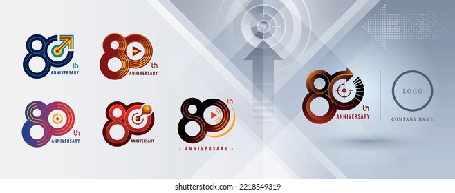 Set of 80th Anniversary logotype design, Eighty years Celebrating Anniversary Logo multiple line for celebration event, invitation, Play Arrow, Target Sign logo, Molecule, Growth to Success Concept