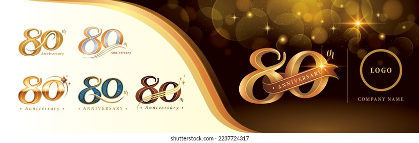 Set of 80th Anniversary logotype design, Eighty years anniversary celebration Logo, Golden Luxury and Retro Serif Number 80 Letters, Elegant Classic Logo for Congratulation celebration event,greeting.