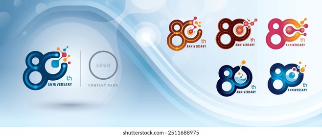 Set von 80-Jahr-Jubiläum-Logo-Design, Achtzig Jahre feiern Logo zum Feiern, Abstrakte Molekülstruktur Verbunden. Chemistry Science Lab und Biotechnologie, Atom-Molekularteilchen, Logo 80