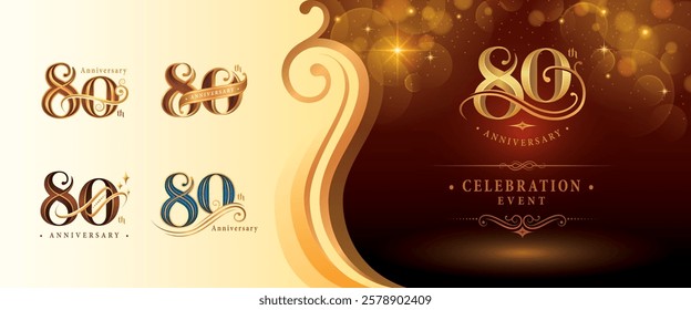 Set of 80th Anniversary logotype design, Eighty years Anniversary Logo, Elegant Classic Logo, Luxury Vintage and retro Serif Number 80, Celebrating Anniversary Logo for celebration event, invitation.