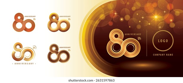 Conjunto de 80th Anniversary logotipo design, Oitenta anos aniversário Celebrando logotipo. Abstract Infinity Round número 80, Gold Infinity loop logotipo Linha arredondada para evento de celebração, convite, saudação,