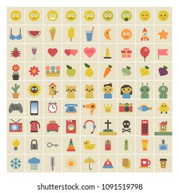 Set of 81 simple color icons and emoticons