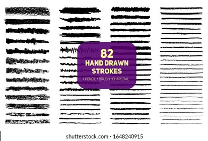 Set of 82 hand drawn texture brush, pencil and charcoal strokes lines. Grunge scratch effect black scribble, ink and stripes. Vector design isolated with artistic hatching, unique template background