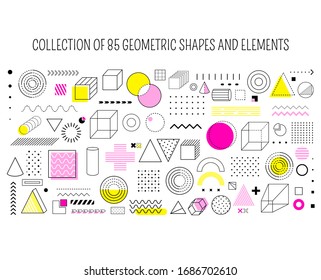 Set of 85 geometric shapes for memphis design. Collection of vector geometrical figures of black and white colors with yellow and red elements. EPS8