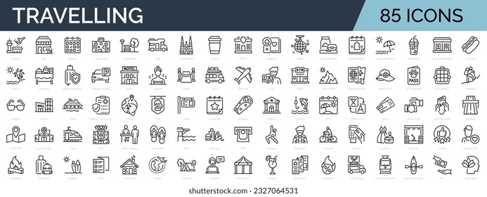 Set of 85 line icons related to vacation, recreation, leisure, travel, entertainment. Outline icon collection. Editable stroke. Vector illustration