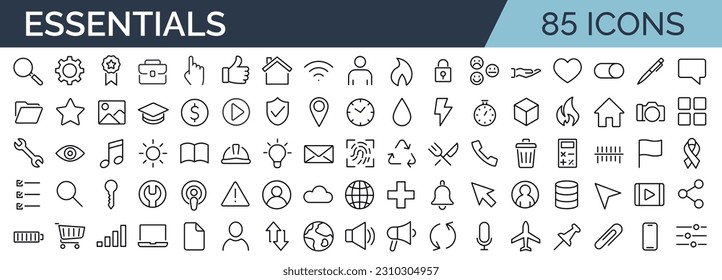 Set of 85 of minimalist and simple essential icons. Vector illustration. Suitable for Web Page, Mobile App, Web, Print. Editable stroke.