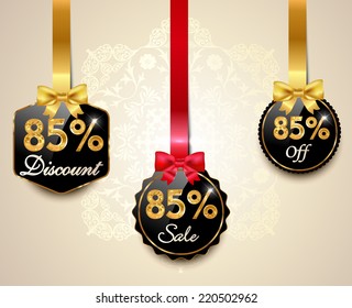 Set of 85% sale and discount golden labels with red bows and ribbons Style Sale Tags Design, 85 off - vector eps10
