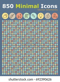 Set of 850 Isolated Universal Minimal Simple Thin Line Icons on Circular Color Buttons