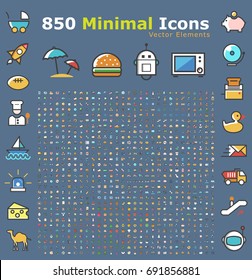 Set of 850 Minimalistic Solid Colored Icons . Isolated Vector Elements