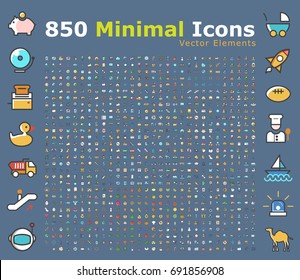 Set of 850 Minimalistic Solid Colored Icons . Isolated Vector Elements