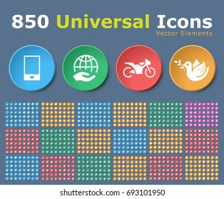 Set of 850 Universal Isolated Icons on Circular Color Buttons on Color Background. Isolated Vector Elements