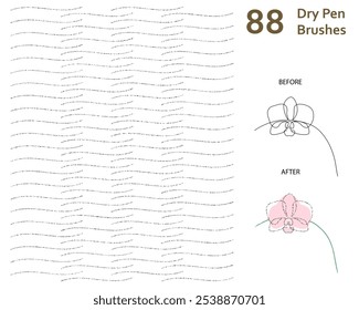 Conjunto de 88 pincéis de arte de caneta seca com textura única para cartaz, tipografia, texto, criação de fonte, livro de história, animação, ilustração. Compatível com o Adobe Illustrator CS6 e superior.