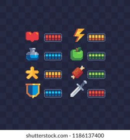 Set of 8-bit elements, life bar, progressor, stamina, power, energy, mana level, money reserve vector illustrations. Retro, 8-bit style, pixel elements for game themed designs. Arcade icons.