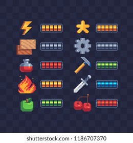 Set of 8-bit elements, life bar, progressor, stamina, power, energy, mana level, money reserve vector illustrations. Retro, 8-bit style, pixel elements for game themed designs. Arcade icons.