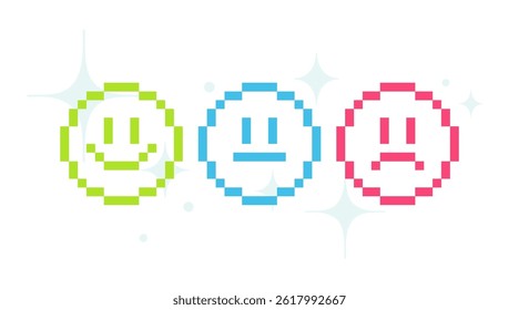 Set of 8-bit emoji. Pixelated smiley. Happy, sad and calm avatar in 8-bit style. Brutalism design, y2k aesthetics