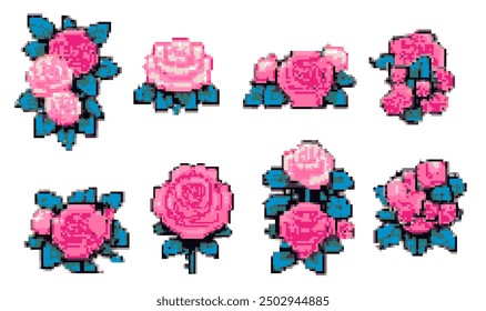 Set of 8-bit flowers isolated on a white background.  Pixel art of pink cute roses.