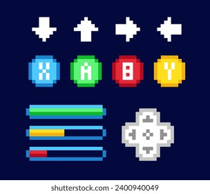 Conjunto de activos de juego de arte de píxeles de 8 bits. Elementos de interfaz gráfica retro para videojuegos. barra de progreso de salud o resistencia, botón gamepad y flecha. Colección vectorial plana de dibujos animados aislada en fondo oscuro