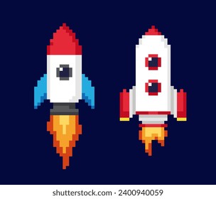 Set von 8-Bit-Pixelspiel-Objekt. Retro-Symbole mit Raumschiffen, Raketen oder Sternenschiffen im Weltraum. Design für Videospiel über das Universum. Cartoon-flache Vektorgrafik einzeln auf dunklem Hintergrund