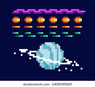 Set of 8bit pixel art game asset. Retro icons with planet in outer space, laser bullets and weapon shooting. Design elements for video game. Cartoon flat vector collection isolated on dark background