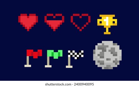 Conjunto de activos de juego de arte de píxeles de 8 bits. Coloridos íconos retro con corazones de salud, copa ganadora, banderas y luna. Elementos de diseño para la interfaz gráfica de usuario del juego espacial. Colección vectorial plana de dibujos animados aislada en fondo oscuro