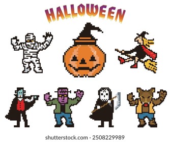 Conjunto de 8 bits pixel art para Halloween, deforme momia, bruja, Drácula, Segador, hombre lobo, iconos de monstruo, ilustraciones.