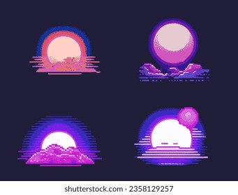 A set of 8-bit pixel art icons of moon in retrowave and synthwave style.